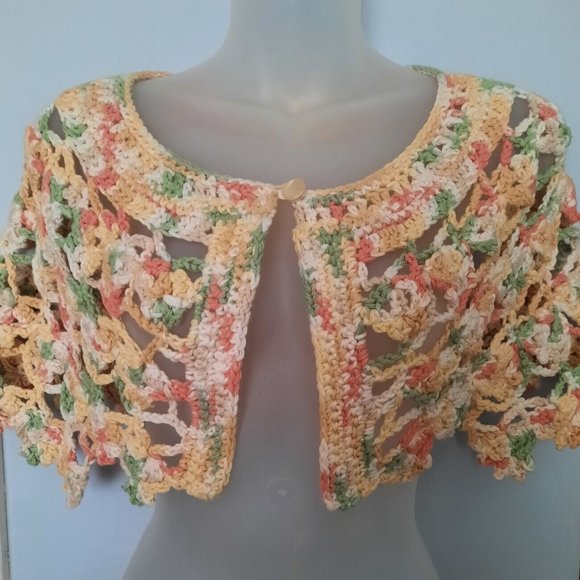 Vtg Hand Crochet shrug hand made cape Knit Granny Poncho crop Shawl cottagecore
